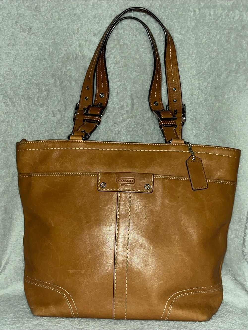 Coach Hamilton (or Hampton-style) cognac/tan leather tote bag with silver-tone